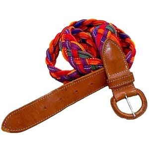 Multi color braid belt with tan leather belt made in Guatemala size large